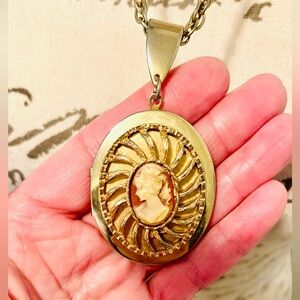 Vintage Italian Shell Cameo Locket Necklace • 1960s Oval Gold-Tone • Collectible